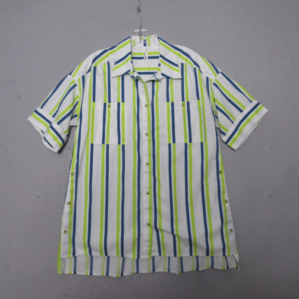 Anthropologie Top Tunic XS Boxy Striped Green Blue Side Button Preppy Coastal